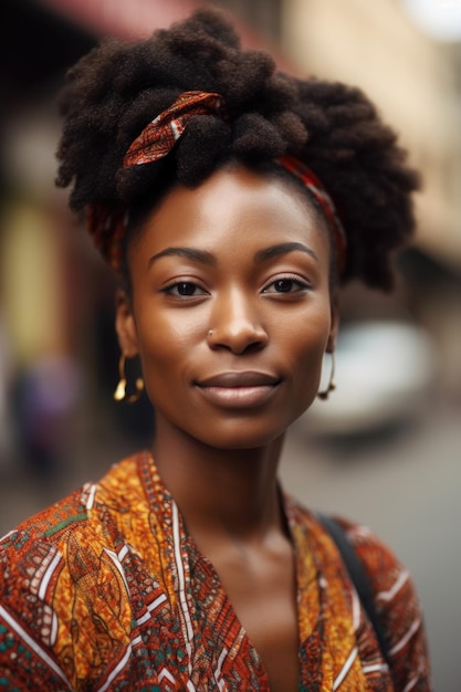 Retrato en primer plano de una mujer africana en la ciudad por copy space creado con generative ai