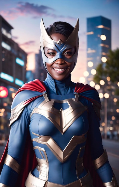 Foto retrato en primer plano de una mujer afroamericana sonriente en disfraz de superhéroe