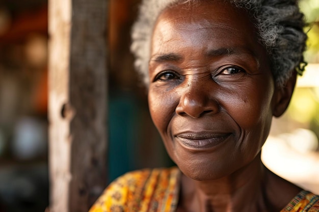 Retrato en primer plano de una mujer anciana negra sonriendo a la cámara en casa