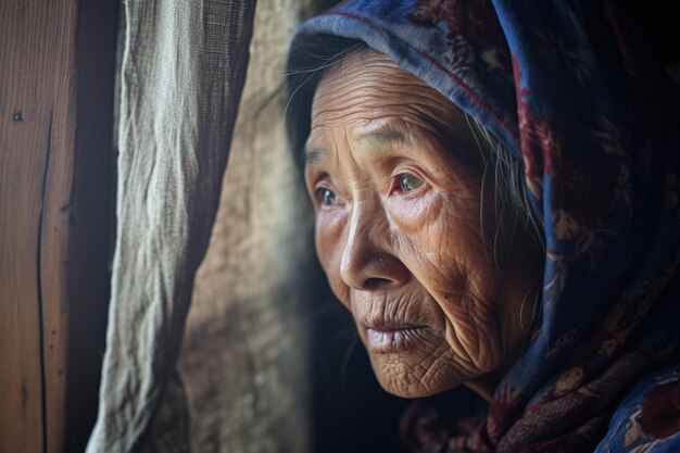 Retrato en primer plano de una mujer asiática de edad avanzada Una mujer asiática anciana con arrugas