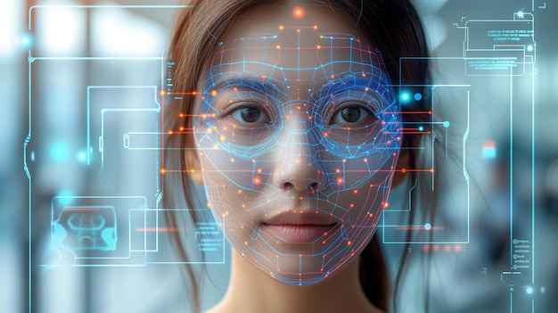 Retrato en primer plano de una mujer asiática con una red digital de reconocimiento facial proyectada en su cara