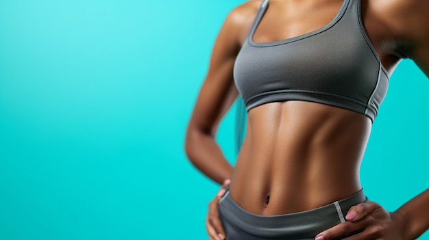 Retrato en primer plano de una mujer atleta con la cintura muscular femenina en ropa deportiva aislada sobre un fondo azul