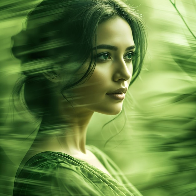 Un retrato en primer plano de una mujer de cabello oscuro sobre un fondo verde borroso que sugiere un entorno natural al aire libre