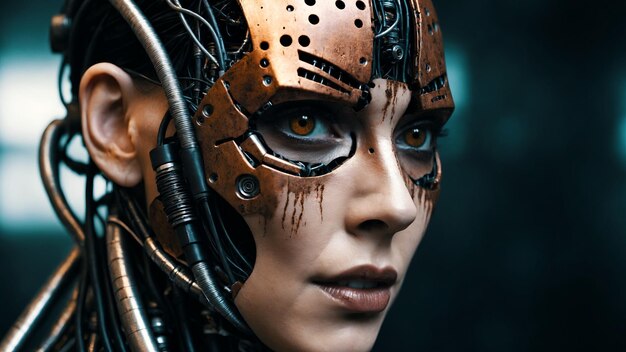 Retrato en primer plano de una mujer cyborg con una cara semimetálica