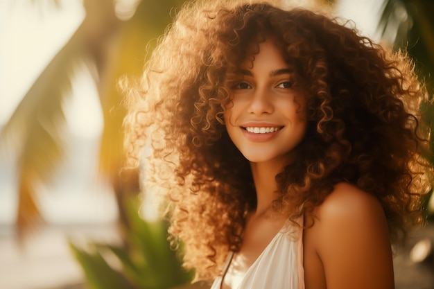 Retrato en primer plano de una mujer feliz sonriente con el cabello rizado Una mujer alegre de vacaciones