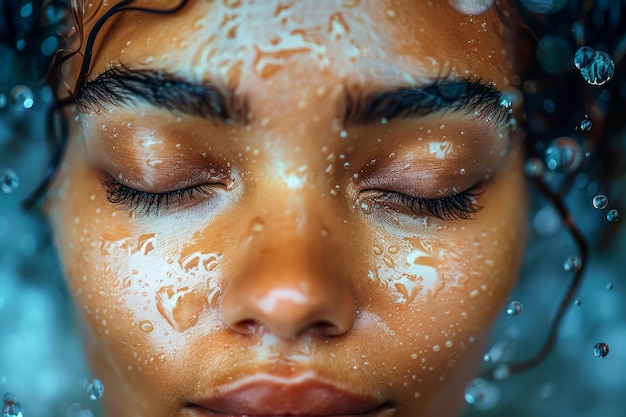 Retrato en primer plano de una mujer con gotas de agua en la cara ojos cerrados en una expresión pacífica