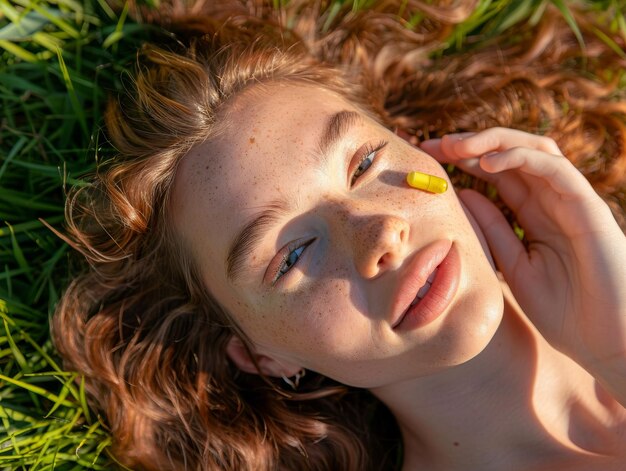 Foto retrato en primer plano de una mujer hermosa con píldora de vitaminas en las mejillas tendida en el césped para el cuidado de la piel