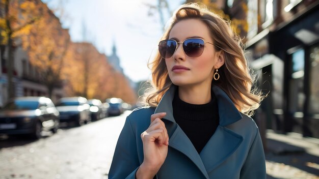 Retrato en primer plano de una mujer hermosa vestida con una elegante chaqueta azul caminando en una calle soleada de otoño