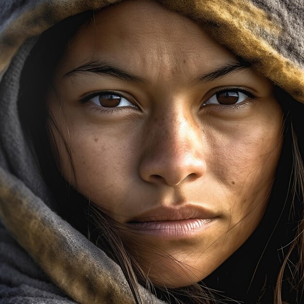 Retrato en primer plano de una mujer indígena nativa americana, rostro de niña en primer plano en días de invierno