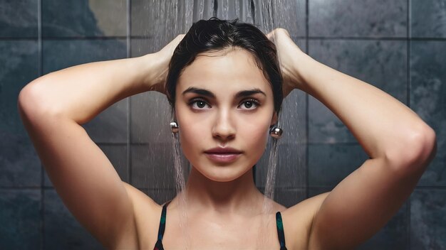 Retrato en primer plano de una mujer joven y bonita tomando una ducha