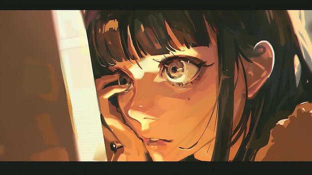Retrato en primer plano de una mujer joven de cabello largo y oscuro mirando hacia arriba con una expresión reflexiva