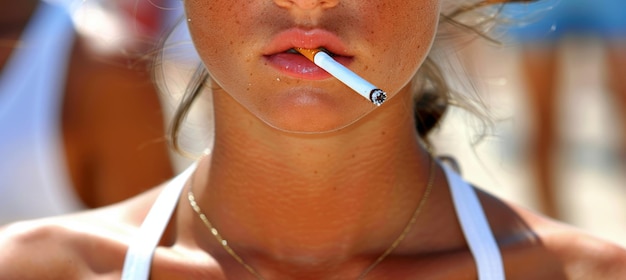 Foto retrato en primer plano de una mujer joven fumando un cigarrillo que destaca los riesgos perjudiciales para la salud