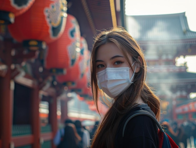 Foto retrato en primer plano de una mujer joven con una máscara en un templo tradicional japonés