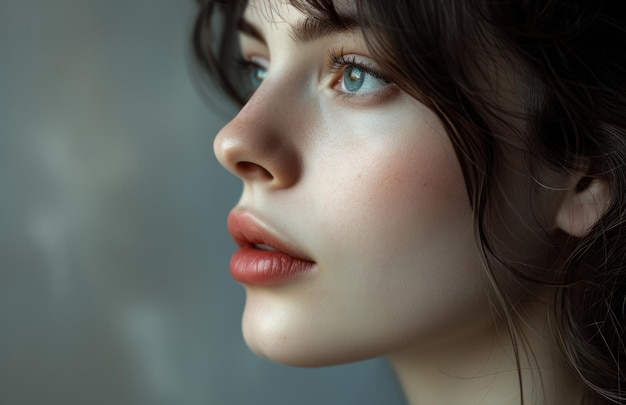 Retrato en primer plano de una mujer joven de ojos azules que mira pensativamente la luz natural que resalta sus rasgos.