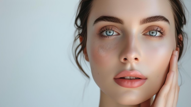 Retrato en primer plano de una mujer joven con piel clara y ojos llamativos perfecto para conceptos de belleza serena y simple elegancia capturada por la IA
