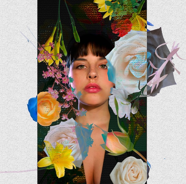 Retrato en primer plano de una mujer en medio de flores