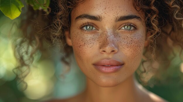 Retrato en primer plano de una mujer con pecas IA generativa