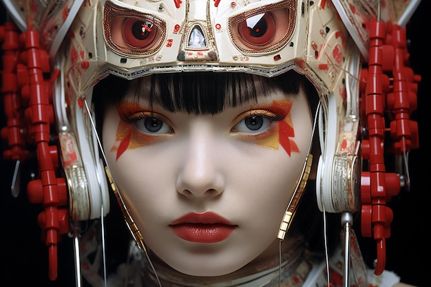 Retrato en primer plano de una mujer robot con maquillaje creativo