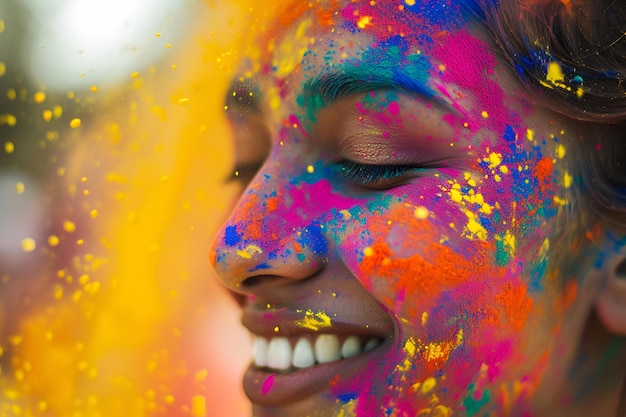 Retrato en primer plano de una mujer rodeada de pinturas coloridas en el festival de Holi