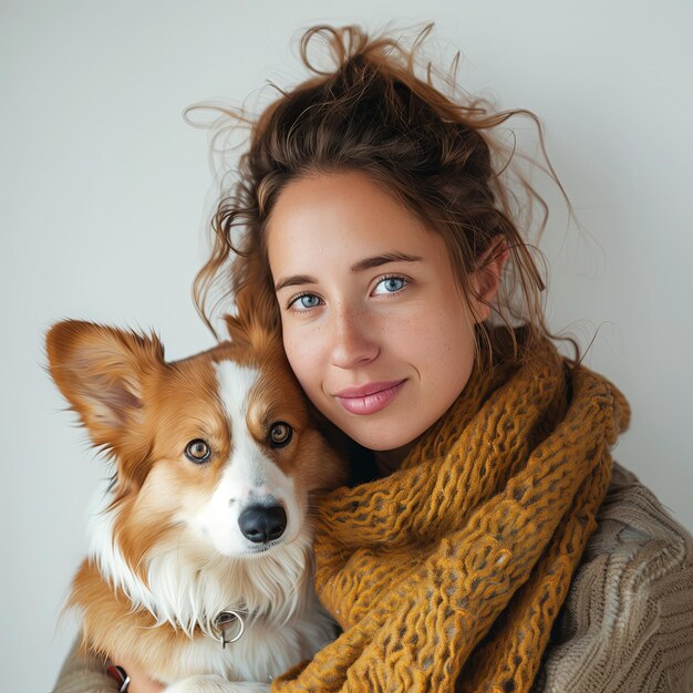 Foto retrato en primer plano de una mujer sonriente sosteniendo un lindo perro