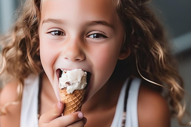 Retrato en primer plano de una niña comiendo helado en un cono de waffle y riendo alegremente El helado ha manchado el rostro feliz de la niña