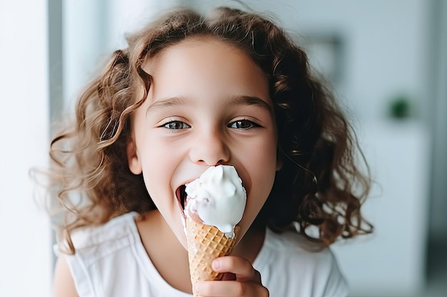 Retrato en primer plano de una niña comiendo helado en un cono de waffle y riendo alegremente El helado ha manchado el rostro feliz de la niña