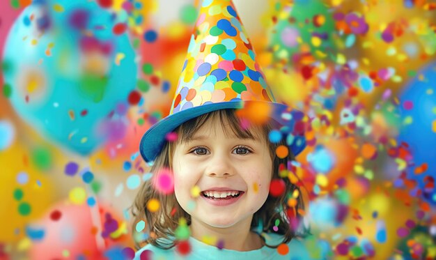 Retrato en primer plano de una niña feliz y sonriente en su fiesta de cumpleaños con globos de colores