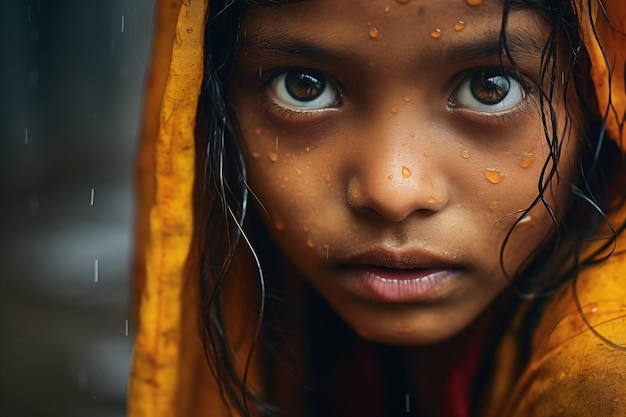 Foto retrato en primer plano de una niña india con su pañuelo que vive en los barrios marginales de mumbai