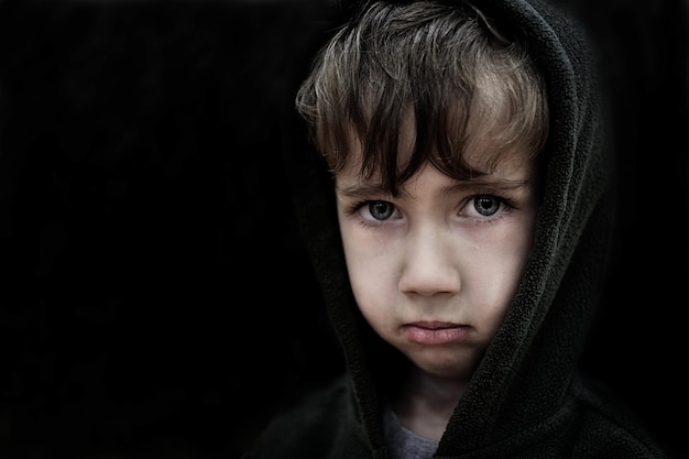 Retrato en primer plano de un niño con capucha contra un fondo negro