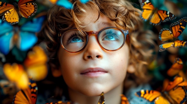 Retrato en primer plano de un niño con gafas y alas de mariposa