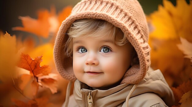 retrato en primer plano de un niño con iluminación suave y un telón de fondo de otoño Generativo Ai