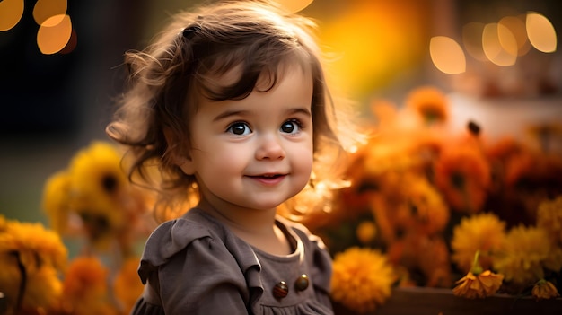 retrato en primer plano de un niño con iluminación suave y un telón de fondo de otoño Generativo Ai