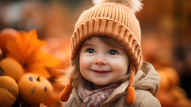 retrato en primer plano de un niño con iluminación suave y un telón de fondo de otoño Generativo Ai