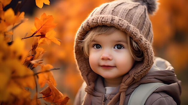 retrato en primer plano de un niño con iluminación suave y un telón de fondo de otoño Generativo Ai