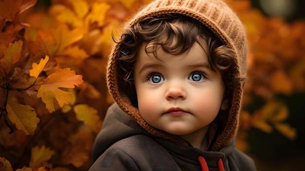 retrato en primer plano de un niño con iluminación suave y un telón de fondo de otoño Generativo Ai