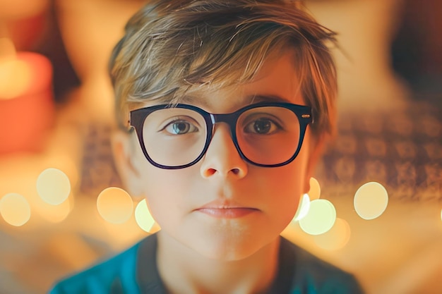 Foto retrato en primer plano de un niño pequeño, inteligente y serio con gafas generadas por la ia