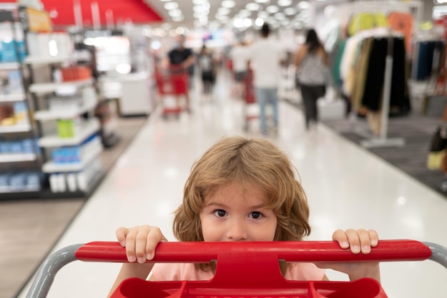 Retrato de primer plano de un niño en una tienda de comestibles o supermercado con productos en un carrito de compras