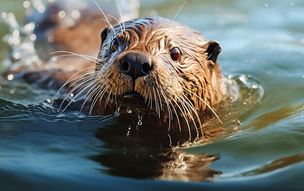 Foto retrato en primer plano de una nutria asiática de garras pequeñas húmeda nadando en el agua