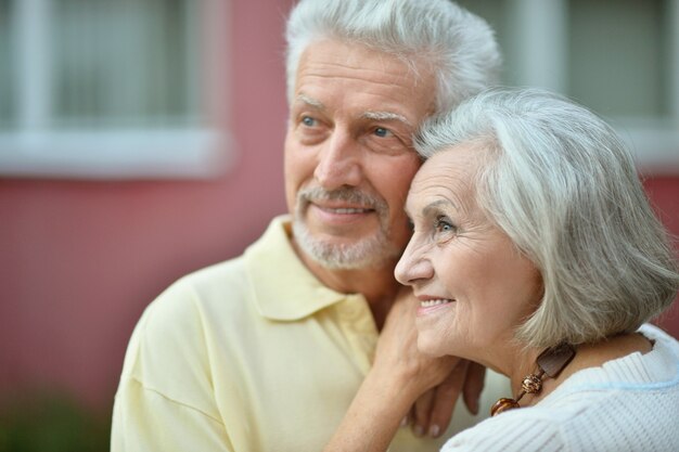 Retrato de primer plano de una pareja senior sonriente en el parque de verano