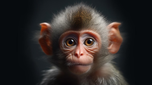 Retrato en primer plano de un pequeño mono macaco de Bengala sobre un fondo negro Animal exótico salvaje