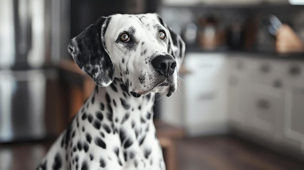 Un retrato en primer plano de un perro dálmata mirando hacia arriba con una expresión curiosa en su cara