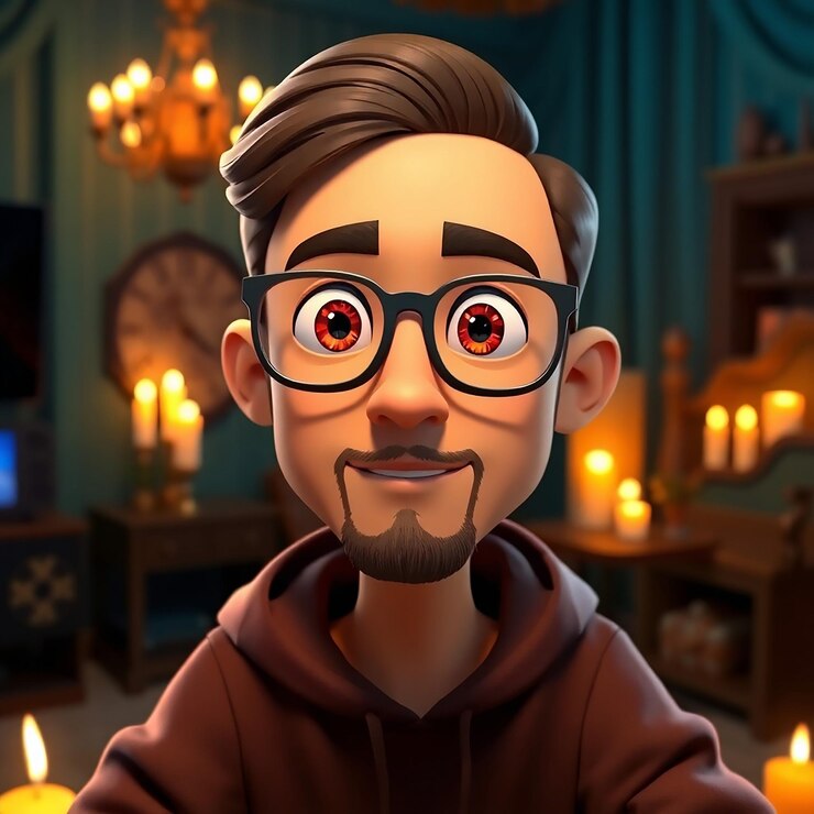Un retrato en primer plano de un personaje masculino estilizado de dibujos animados