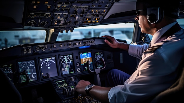 Foto retrato en primer plano de un piloto en la cabina de un avión