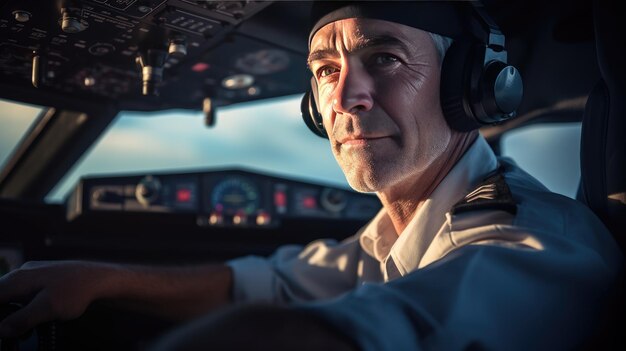 Foto retrato en primer plano de un piloto en la cabina de un avión