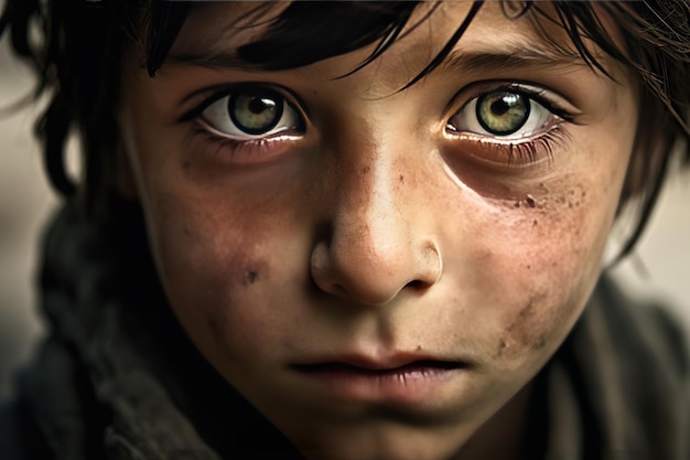 Retrato de primer plano de un pobre niño huérfano hambriento en un campamento de refugiados con expresión triste cara sucia y ropa y ojos llenos de dolor