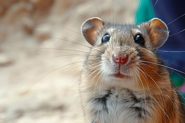 Foto retrato en primer plano de una rata curiosa en un terreno arenoso