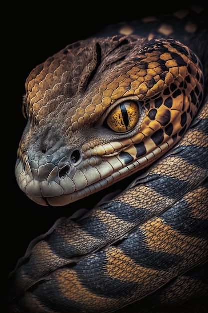 Retrato de primer plano de una serpiente sobre un fondo negro IA generativa