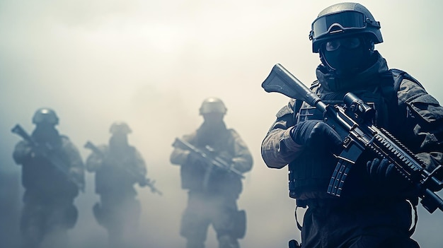 Retrato en primer plano de un soldado de las fuerzas especiales en uniforme y máscara de gas