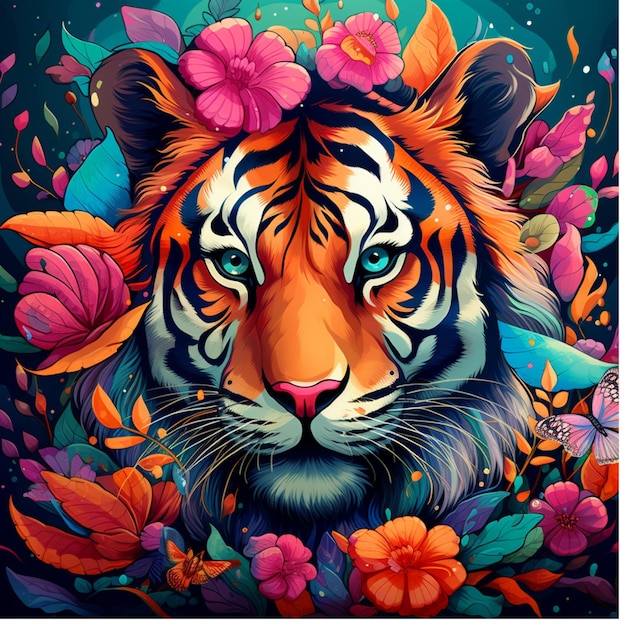 retrato en primer plano de un tigre en flores