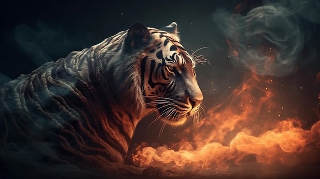 Retrato de primer plano de un tigre sobre un fondo oscuro con ai generador de humo